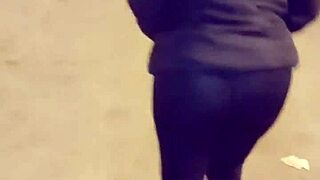 mature milf flashing huge ass in see-through leggings outdoors