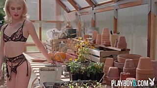 Petite blonde girl kiara cole outdoor gardening with playboy
