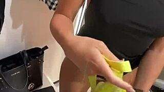 brunette with small waist flashes in public then gets quick fuck with monster cock in dressing room.