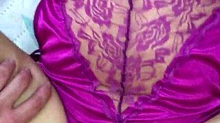 Purple Satin Lingerie Thong Fucking