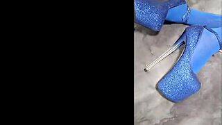 sexy pantyhose paired with blue high heels for a stunning look!