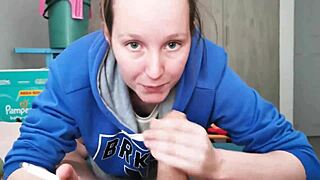 Petite Brunette in Hoodie Sucks Huge Cock