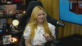 i'm the blonde from viamms on all fours at the podcast table, panties too small showing my pussy