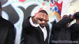 busty babe gets bukkaked after sucking monster cocks