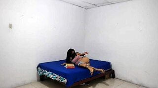 horny latina buys toys from salesman and masturbates