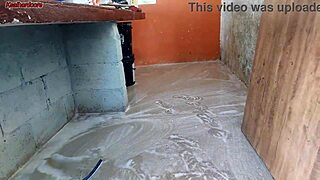 My wife left, so the hot short maid took my cock outside