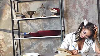 nerd student monika fox squirts big while doing homework.