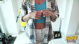 In the fake hostel, the sexy Ukrainian blonde with pierced nipples gets licked in missionary