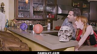 stepdad and stepdaughter might get caught doing nasty blowjobs at any second