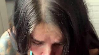 hot bikini babe shares anal creampie story in vertical close-up view.