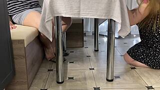 Homemade sex featuring wet pussy and natural tits in the kitchen