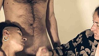 Sucking tongues and masturbating in group threesome