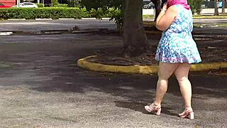 big juicy fat ass busty white girl black cock blowjob - bbw milf in mini short dress flashing thick curvy booty in public and sex with stranger in car getting her pussy creampie twice in parking lot outdoor