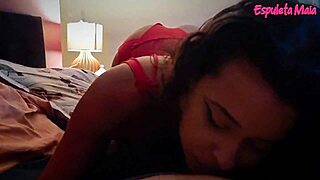 Brazilian brunette blows smoke on friend's cock in lingerie