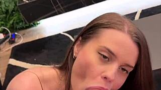 Petite amateur's tight pussy stretched by big cock in kitchen POV.