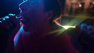 Blonde housewife gets face fucked by big black cocks backstage!