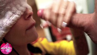 blindfolded brunette deepthroats monster cock for facial