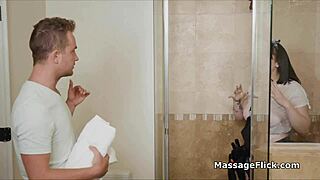 curvy wet plumber works on masseur's pipes