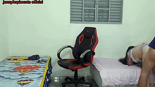 Stepsister changes near stepbrother and gets fucked on gamer chair