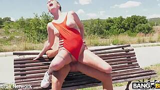 lyas gives risky blowjob on the bench