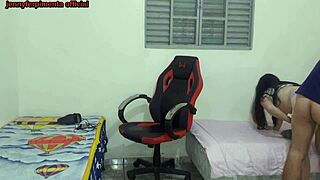 Stepsister changes near stepbrother and gets fucked on gamer chair