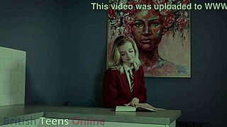 Blonde student practices sucking and swallowing in cosplay.