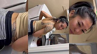 Asian babe gets a hot creampie during steamy laundry room action