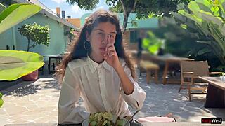 Friend cums on face in cafe