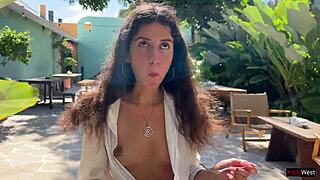 Friend cums on face in cafe