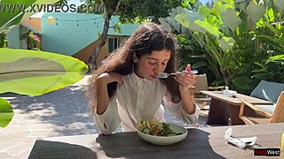 Friend cums on face in cafe