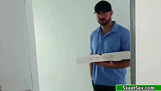 Redhead Natalie Lust pays for pizza with a blowjob
