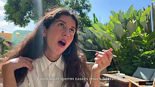 Friend cums on face in cafe