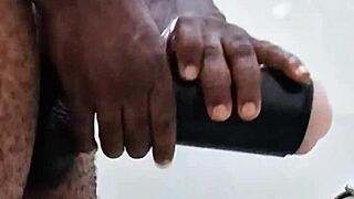 Alone in Bathroom, I Stroke My Huge Monster Cock with Toys