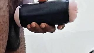 Alone in Bathroom, I Stroke My Huge Monster Cock with Toys