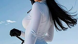 week-end ski resort fun with leather catsuit babe in public