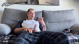 Petite College Girl Catches Step Brother Jerking Off, Gives Handjob While Watching Porn