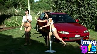 Naked Brunettes Lick And Suck In Carwash