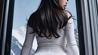 week-end ski resort fun with leather catsuit babe in public