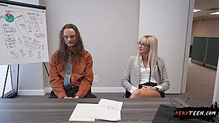 Cheating teen talks on phone with boyfriend while boss fucks her at office