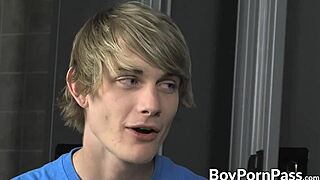 Twinks hook up in locker room for blowjob and rough anal assfucking with monster cocks