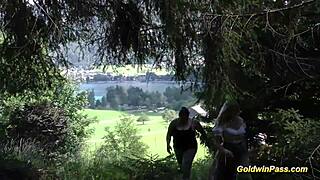 Wild German MILF in outdoor blowbang bukkake orgy