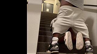 Busted huge nut on milf ass outdoor rough fucking monster cock pussy hardcore public stairway almost caught