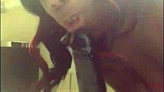 Ebony whore in fishnets squirts wildly with dildo in homemade scene