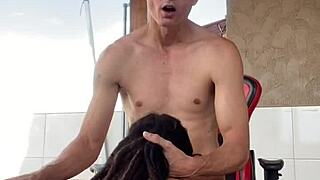 tattooed teen bends over for sloppy blowjob on porch