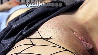 Closeup view of fucking shaved Asian teen pussy and cumming inside