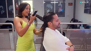 slutty latina stylist seduces her favorite client and fucks him during his hair cut