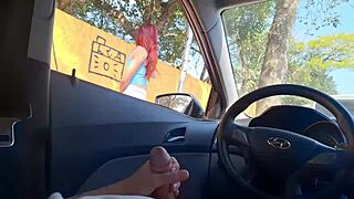 Risky handjob for that street slut.