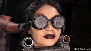 Goth brunette teased in rough bondage