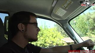 Brunette teen with hairy pussy gets cum on tits from pickup