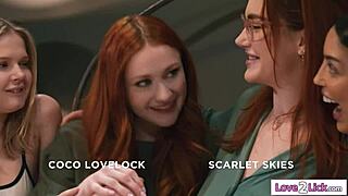 This redhead milf stepmom is having sex with her stepdaughter and bffs in a wild group session.